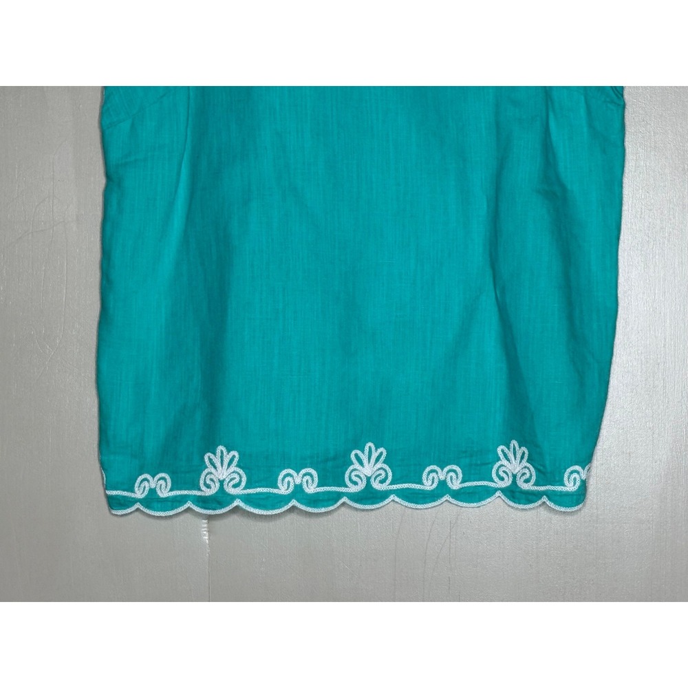 Talbots Turquoise Linen Blend Embroidered Scallop Shell Top Teal Womens Small - Picture 4 of 7